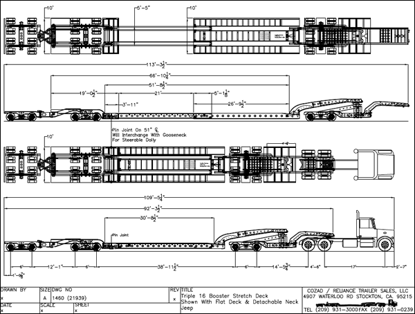 Cozad 80-85 Ton 9-Axle Stretch Deck Booster Trailer Line Drawing